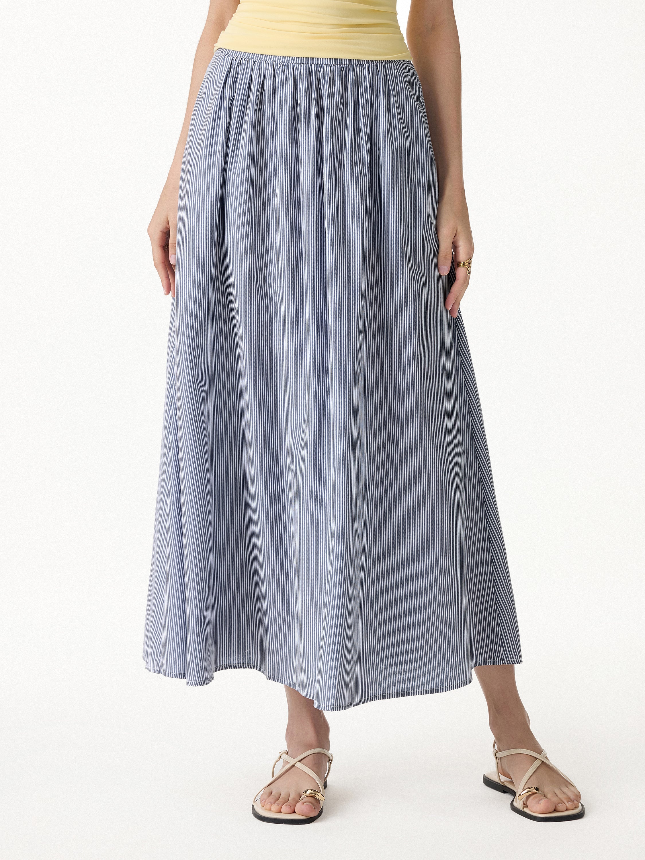 Striped Poplin High Rise Umbrella Midi Skirt with Pockets
