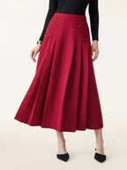 Pleated Frog Button Decor Midi A-line Skirt Limited Edition