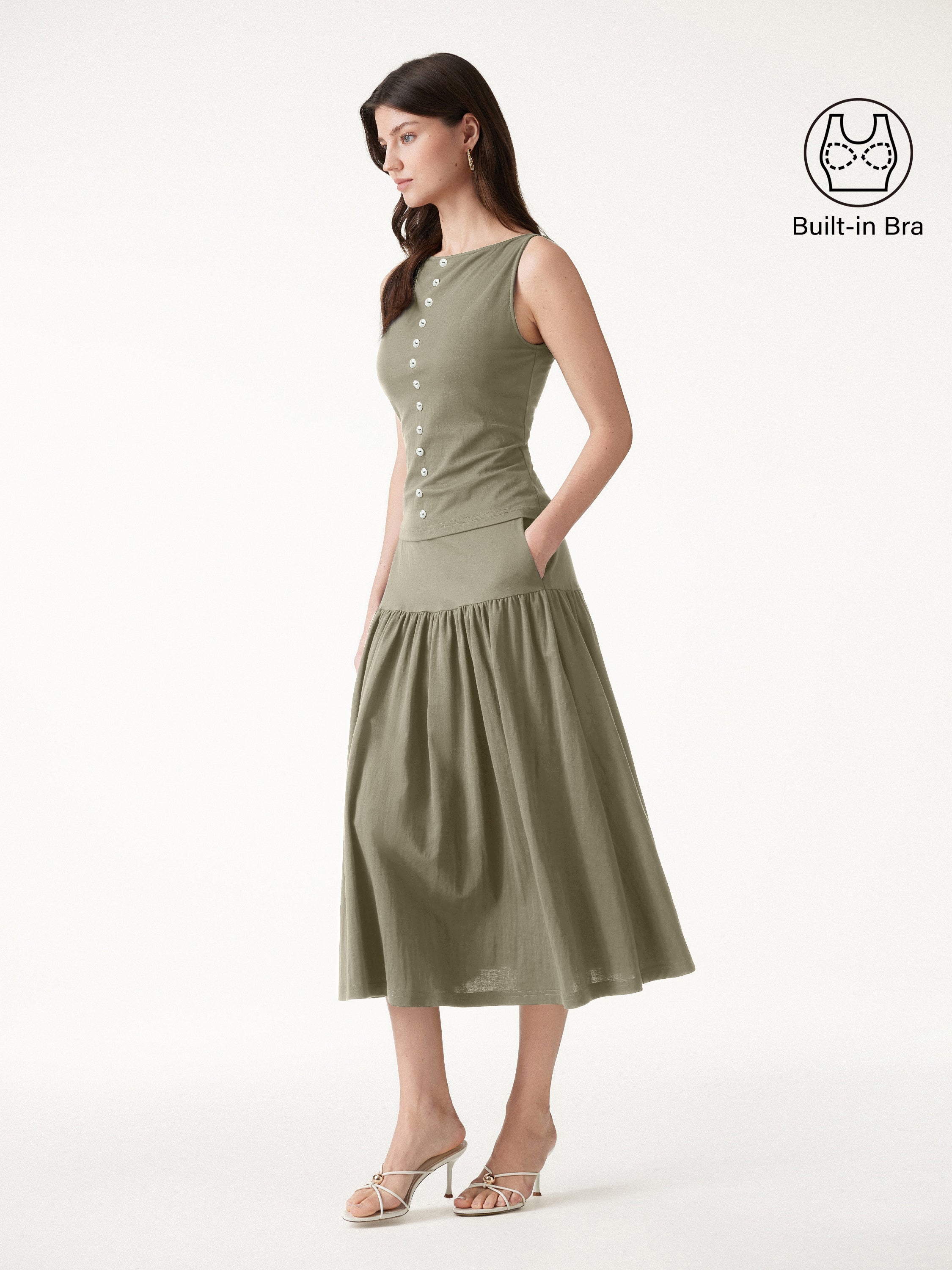 2Pcs Set Cropped Bra Top & Midi Skirt with Pockets