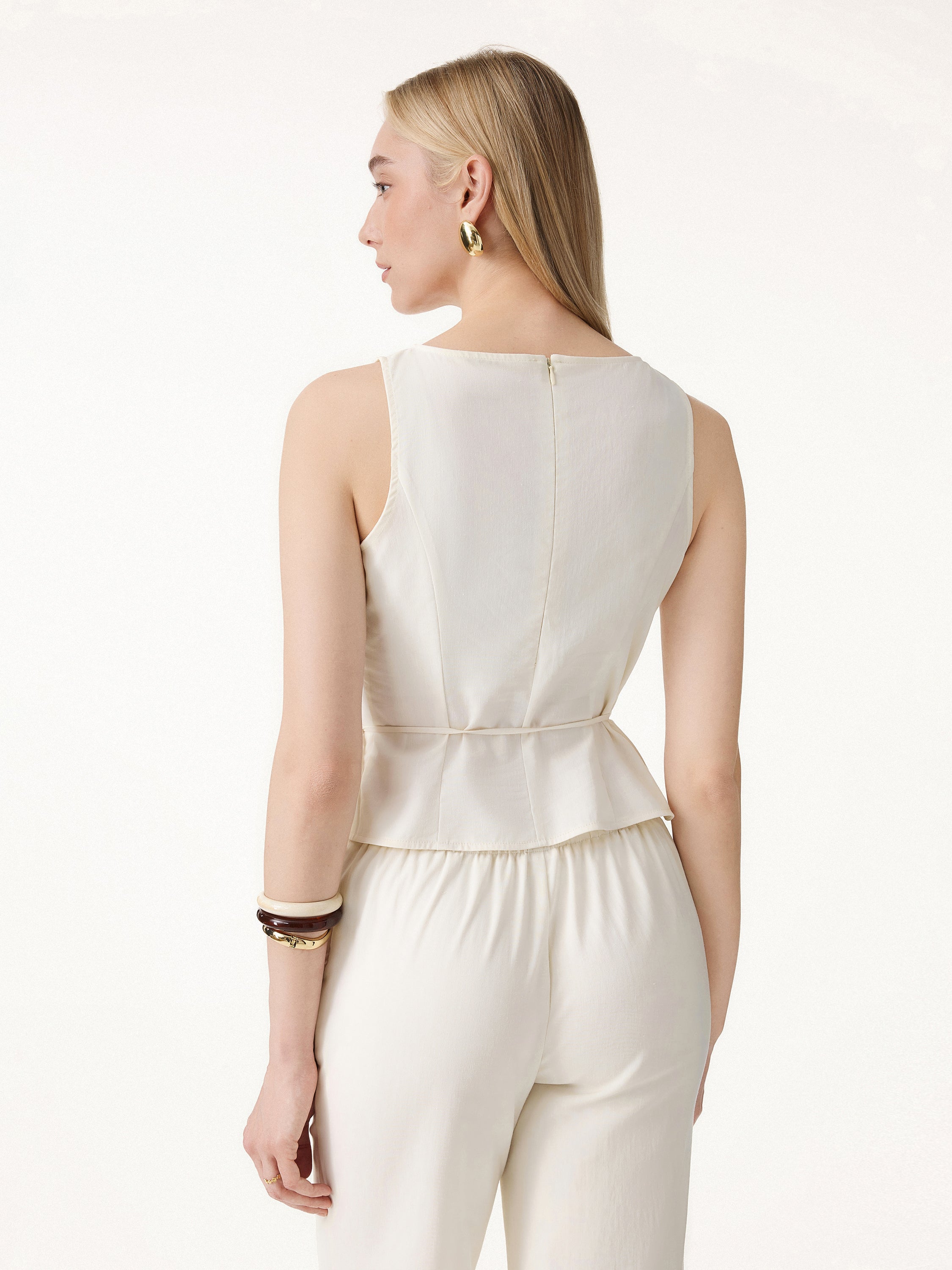 2Pcs Set Boatneck Waist-Defined Top & Pintuck Wide Leg Pant