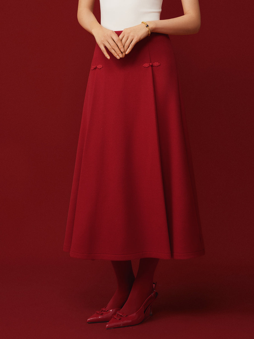 Wool-like Frog Button A-Line Midi Skirt Limited Edition