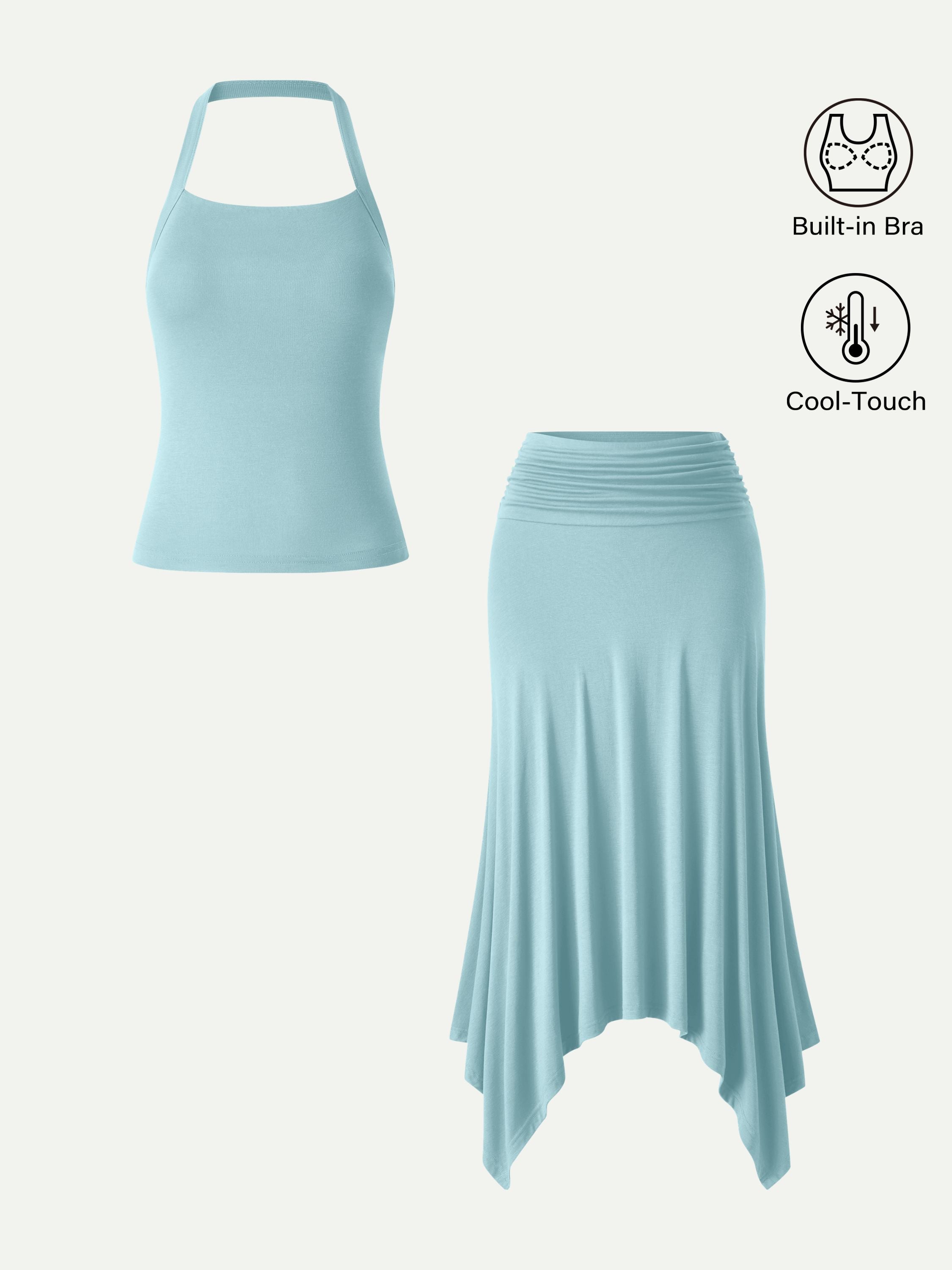 2Pcs Set Sleek Halter Bra Top & Handkerchief Hem Ankled Skirt