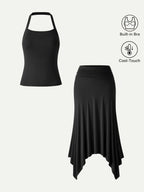 2Pcs Set Sleek Halter Bra Top & Handkerchief Hem Ankled Skirt