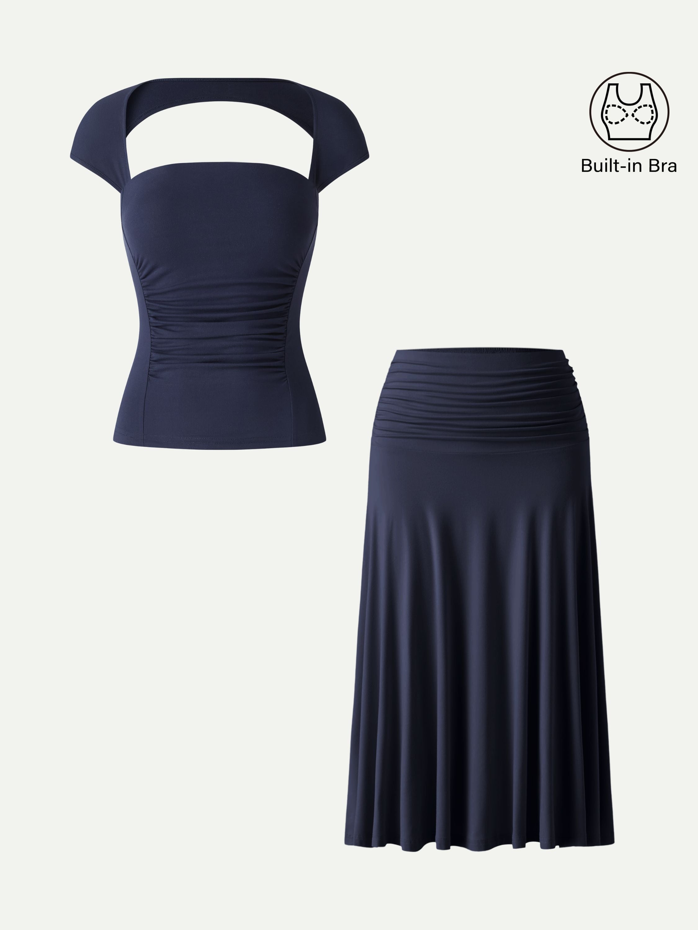 2Pcs Set Square Neck Cutout Back Bra Top & A-line Midi Skirt
