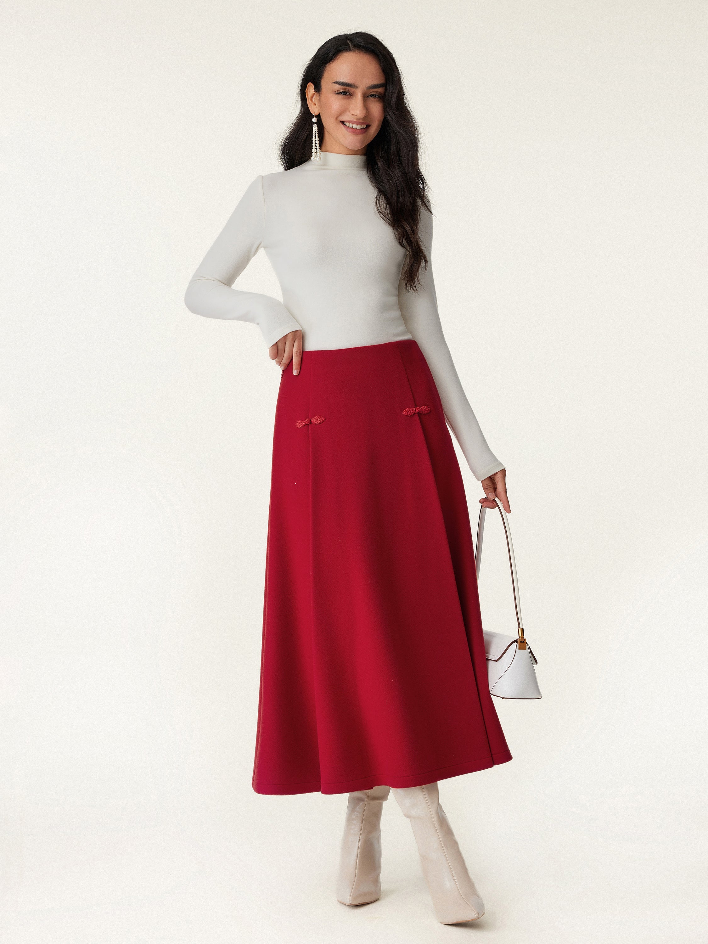 Wool-like Frog Button A-Line Midi Skirt Limited Edition