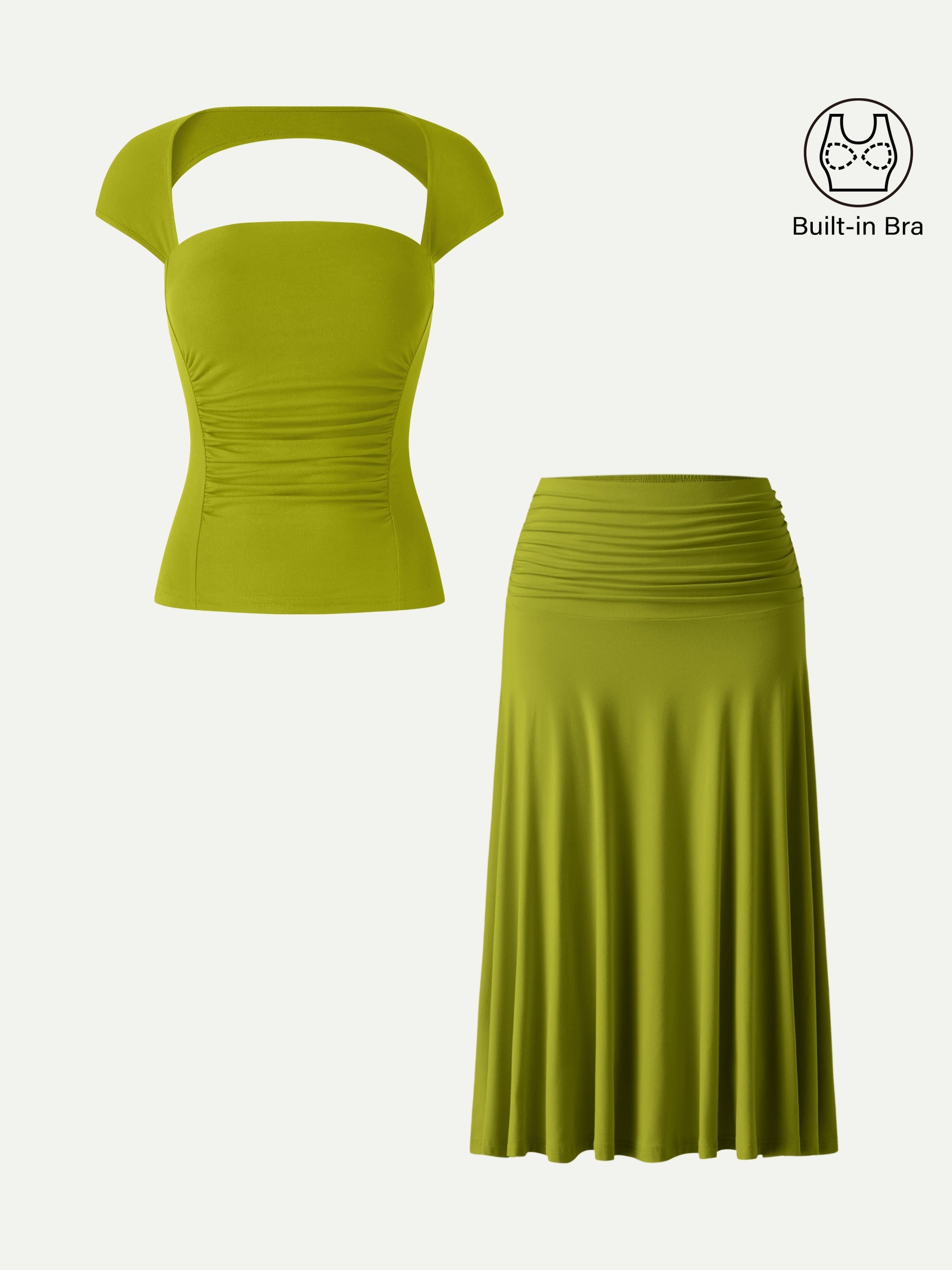 2Pcs Set Square Neck Cutout Back Bra Top & A-line Midi Skirt