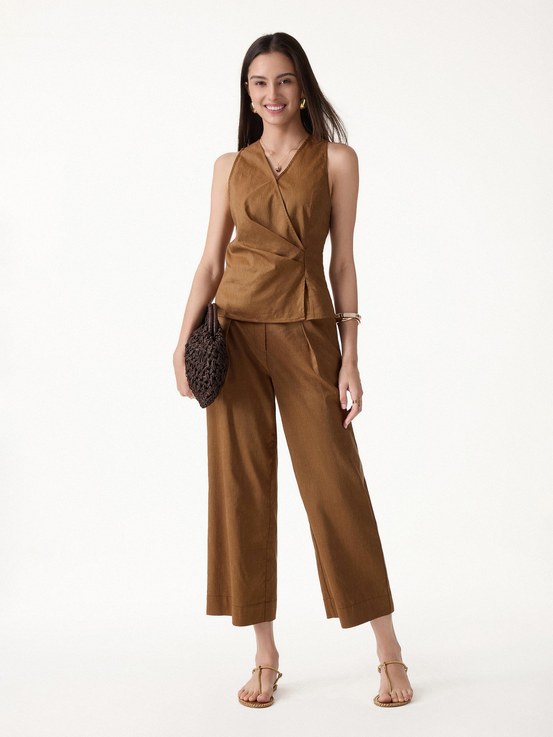 2Pcs Set Top with Side Twist & Cropped Wide Leg Pants