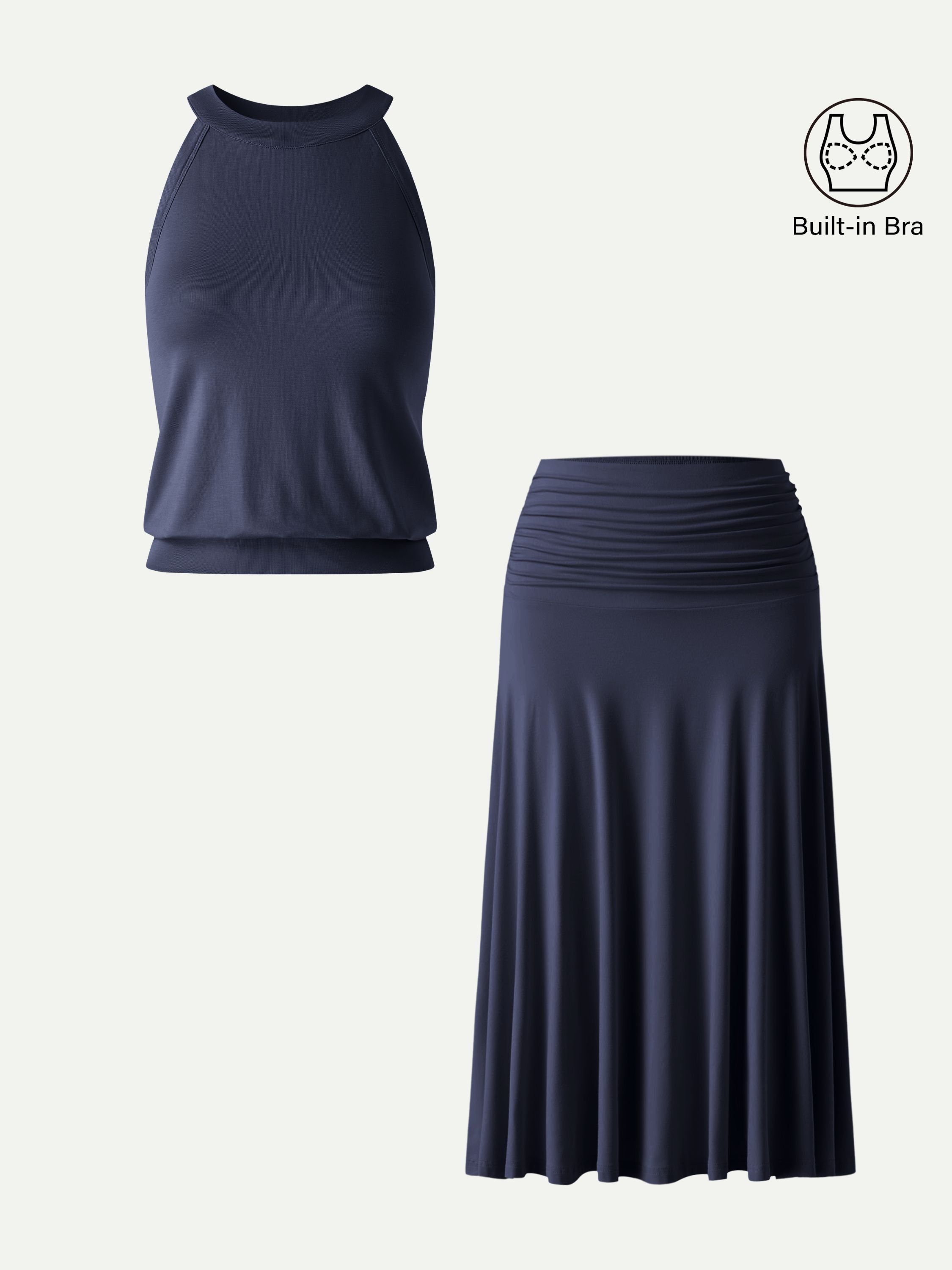 2Pcs Set Halter Neck Bra Top & A-line Midi Skirt