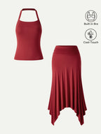 2Pcs Set Sleek Halter Bra Top & Handkerchief Hem Ankled Skirt