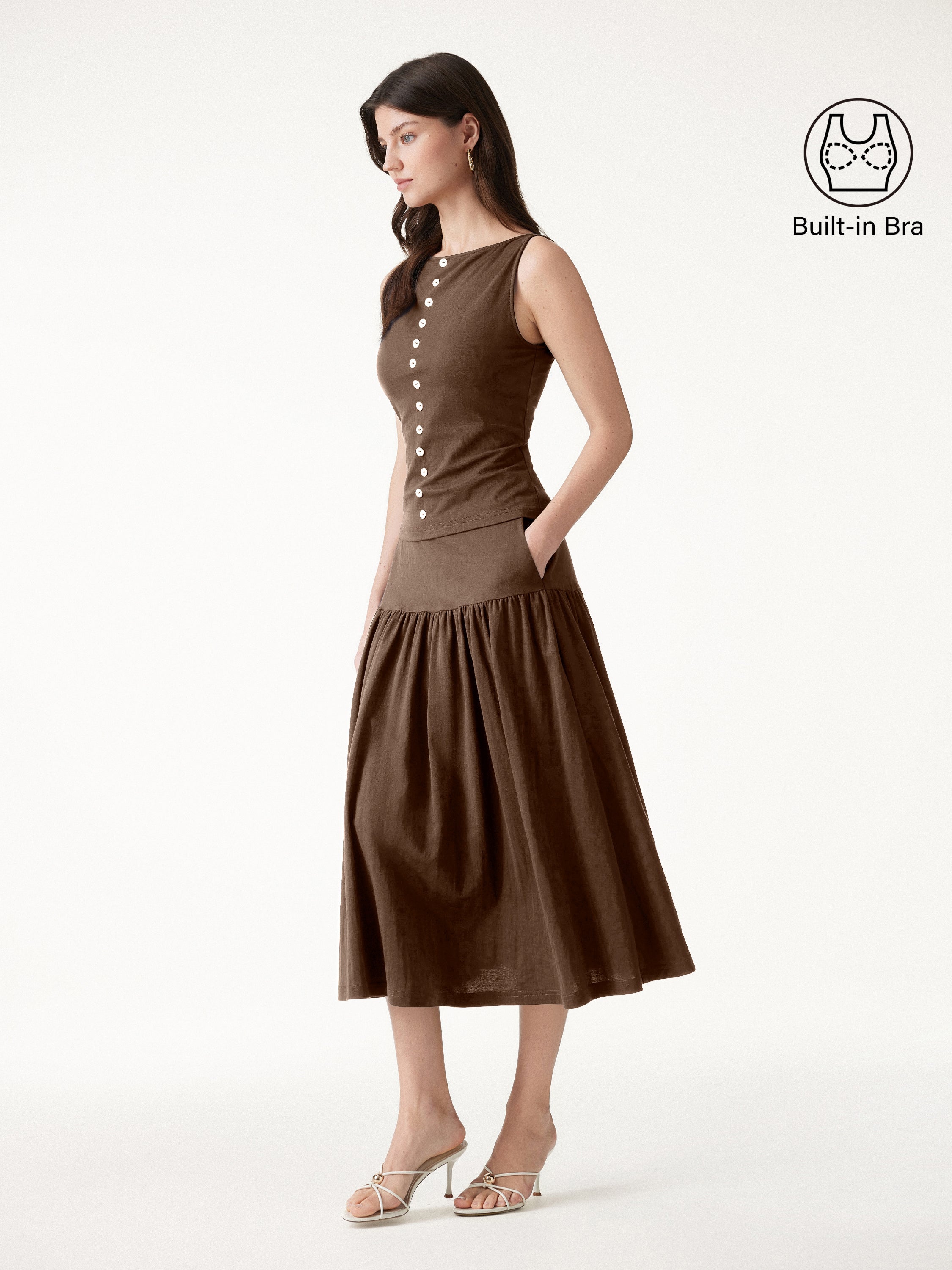 2Pcs Set Cropped Bra Top & Midi Skirt with Pockets