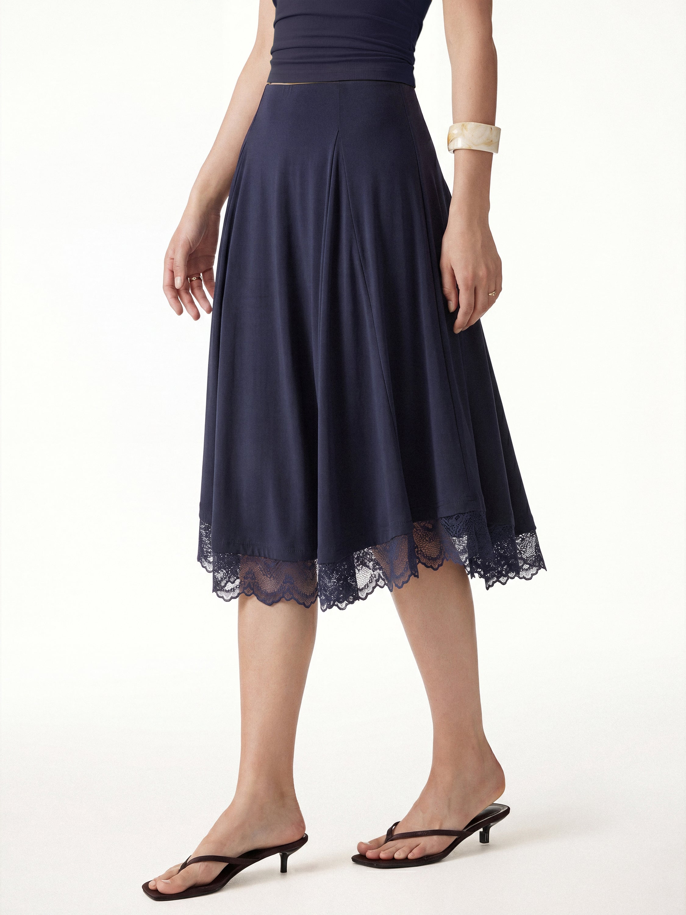 Lace Trim Midi Circle Flare Skirt