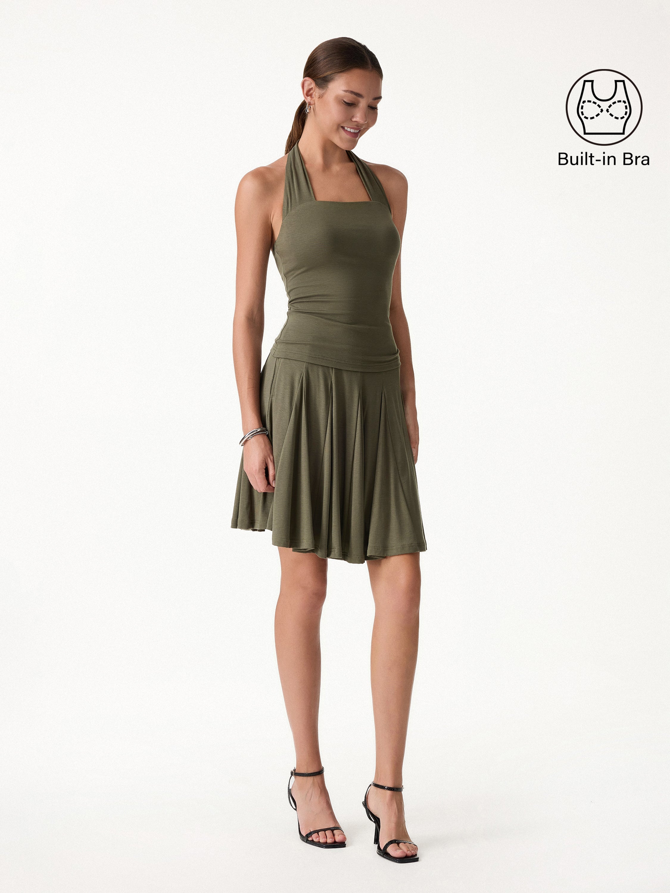 2Pcs Set Halter Going-Out Bra Top & Knee-Length Flare Skirt