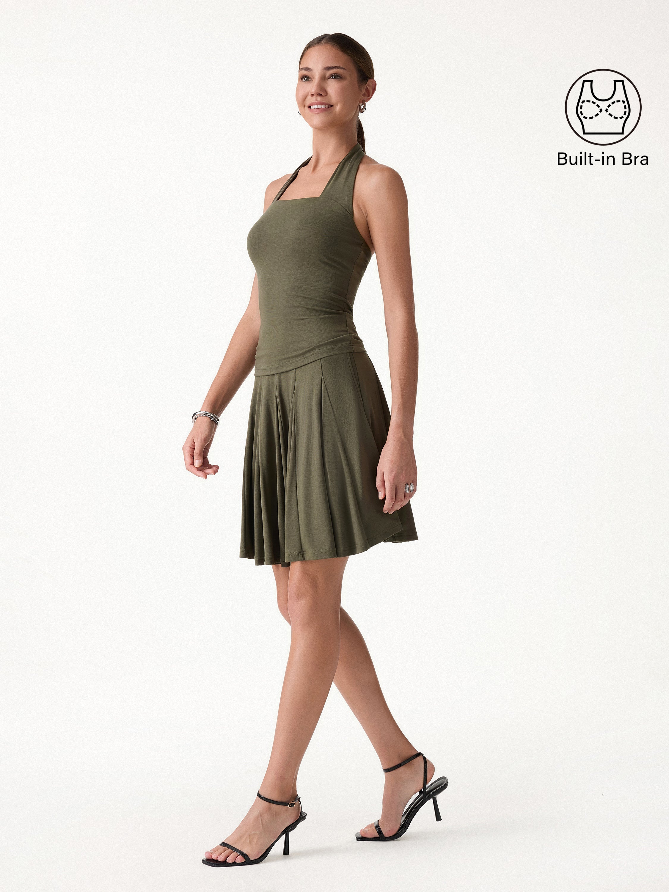 2Pcs Set Halter Going-Out Bra Top & Knee-Length Flare Skirt