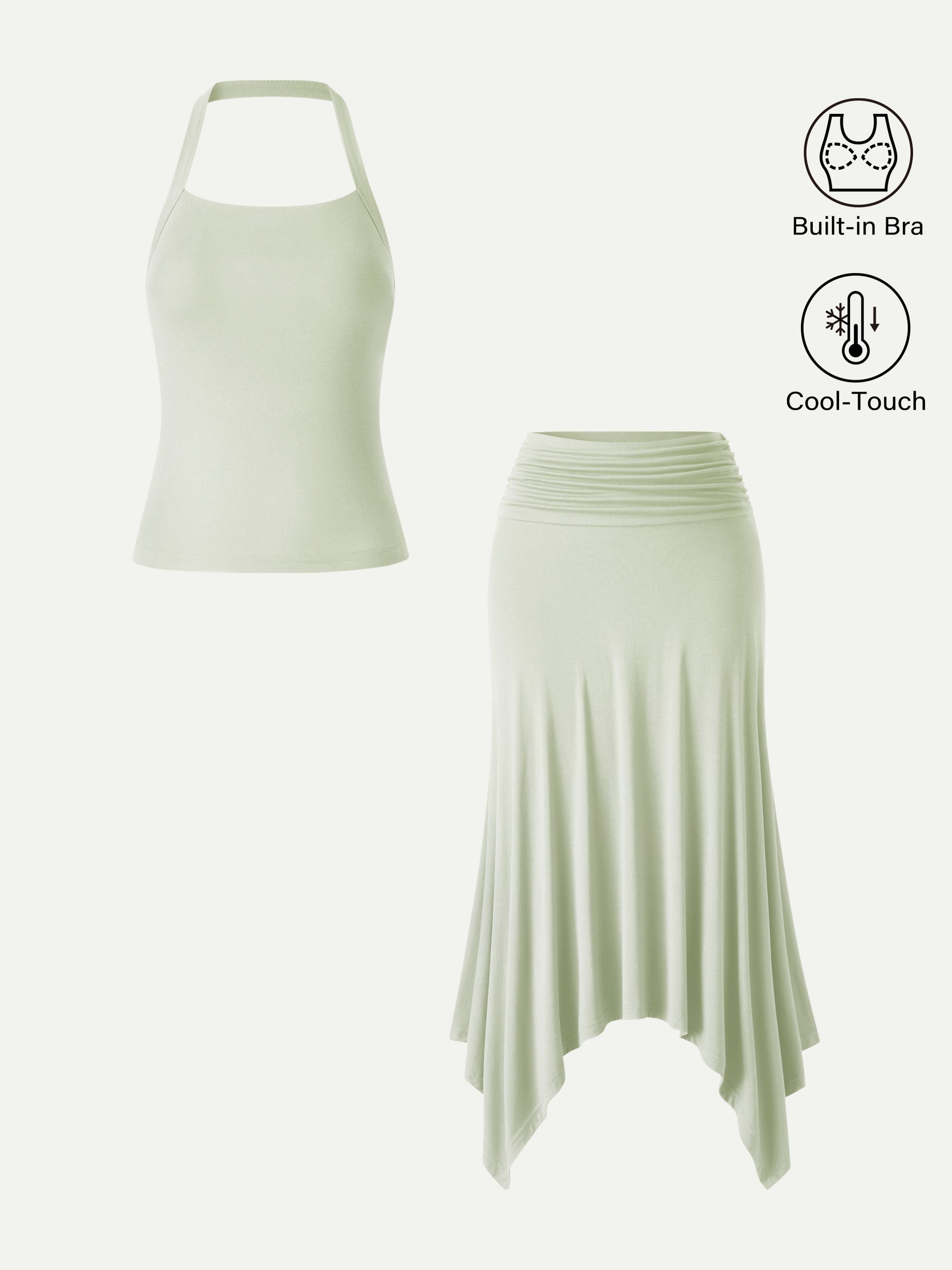 2Pcs Set Sleek Halter Bra Top & Handkerchief Hem Ankled Skirt