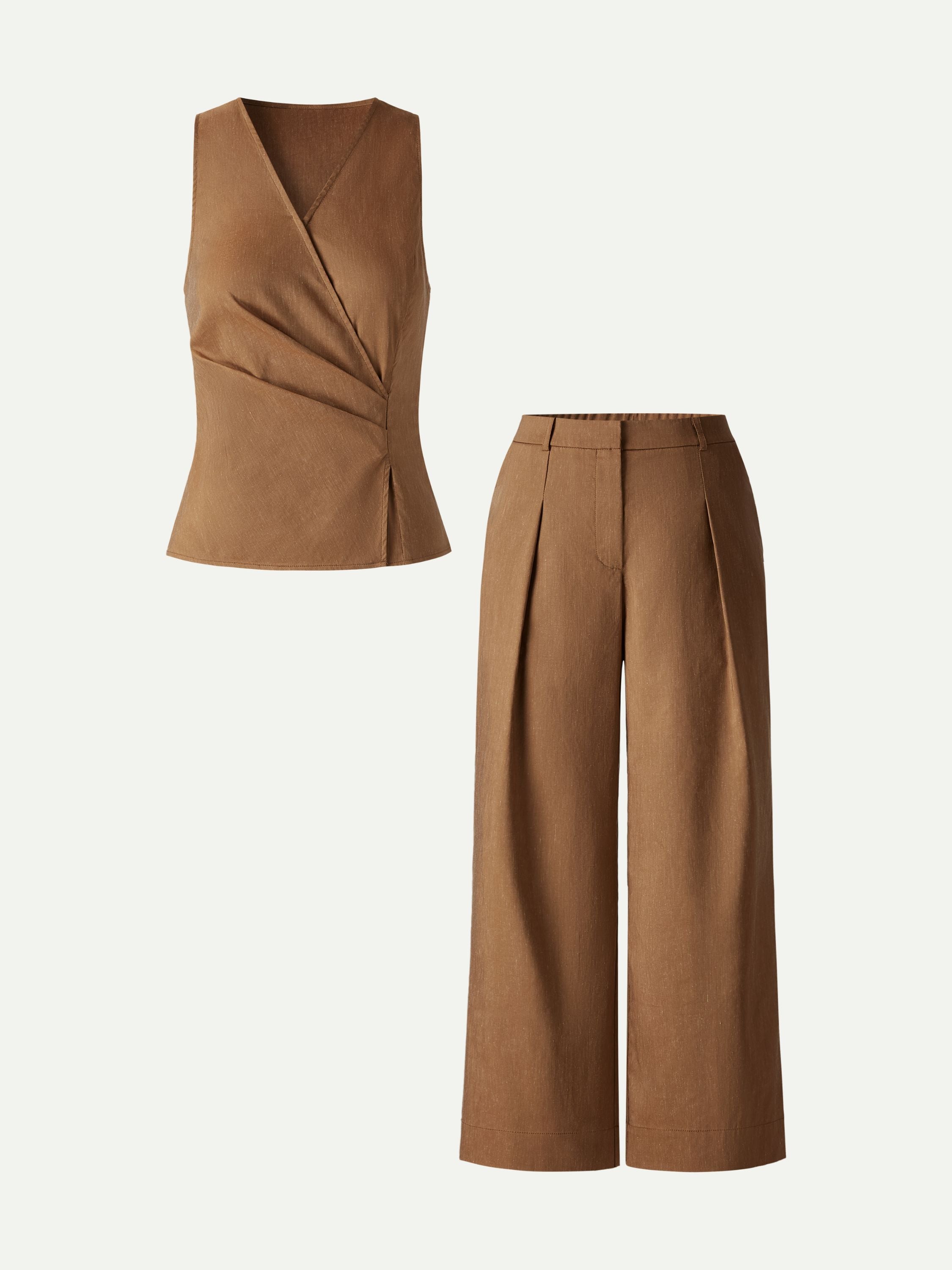 2Pcs Set Top with Side Twist & Cropped Wide Leg Pants