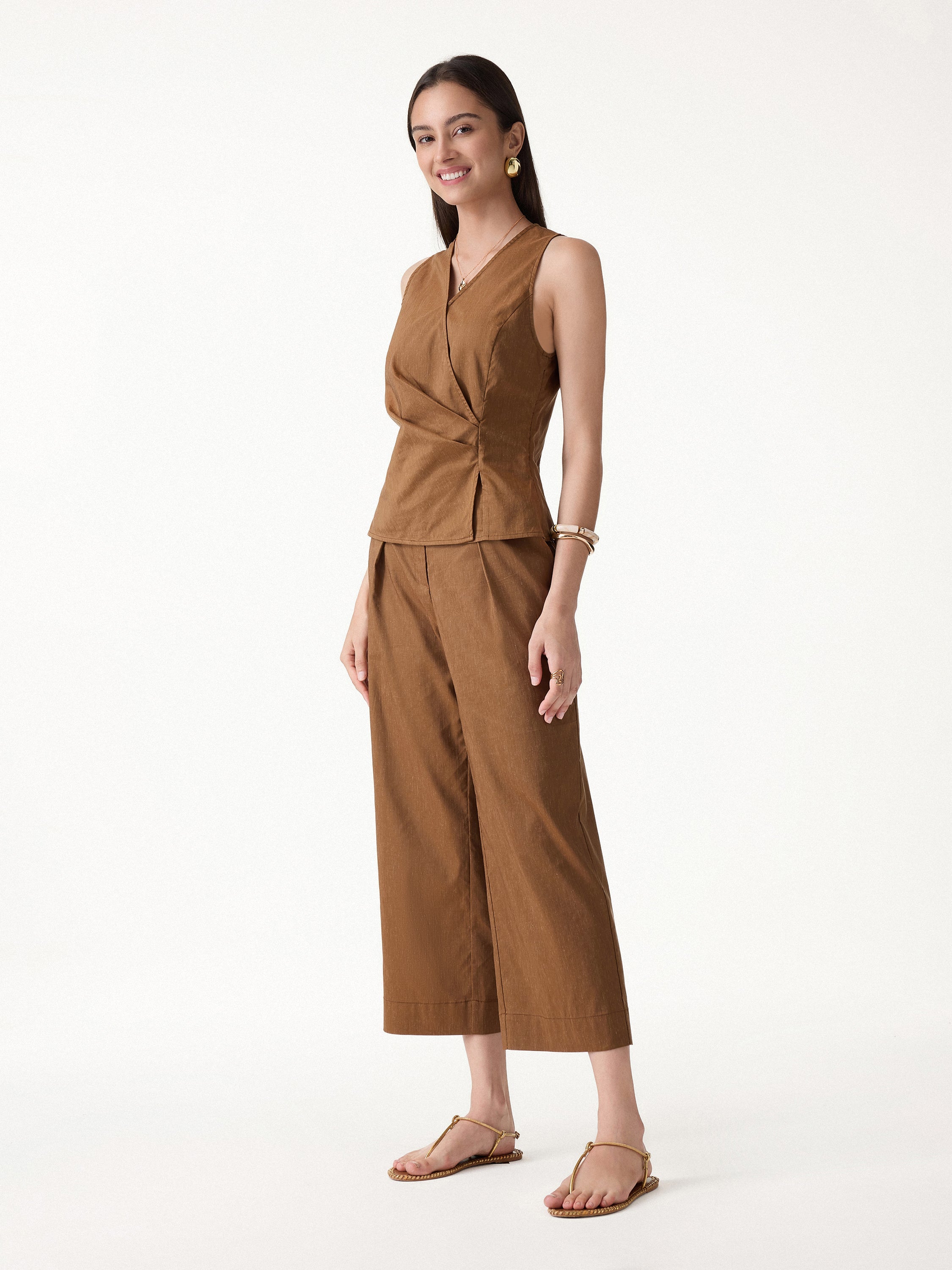2Pcs Set Top with Side Twist & Cropped Wide Leg Pants